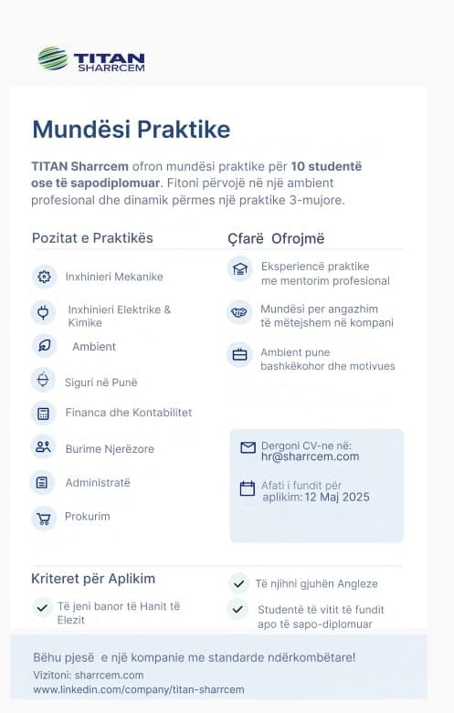 NJOFTIM nga Kompania Sharrcem për mundësi praktike për 10 studentë ose të sapodiplomuar për periudhën 3 mujore.