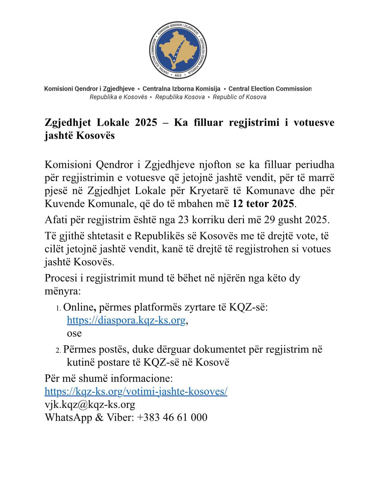 Njoftim nga Komisioni Qendror i Zgjedhjeve për regjistrimin e votuesve nga jashtë për Zgjedhjet Lokale 2025