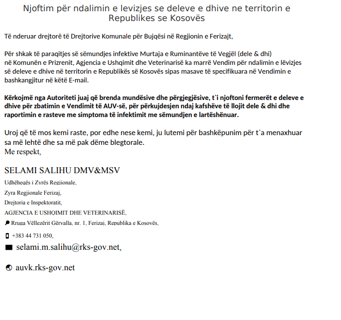 Njoftim për ndalimin e levizjes se deleve e dhive ne territorin e Republikes se Kosovës 