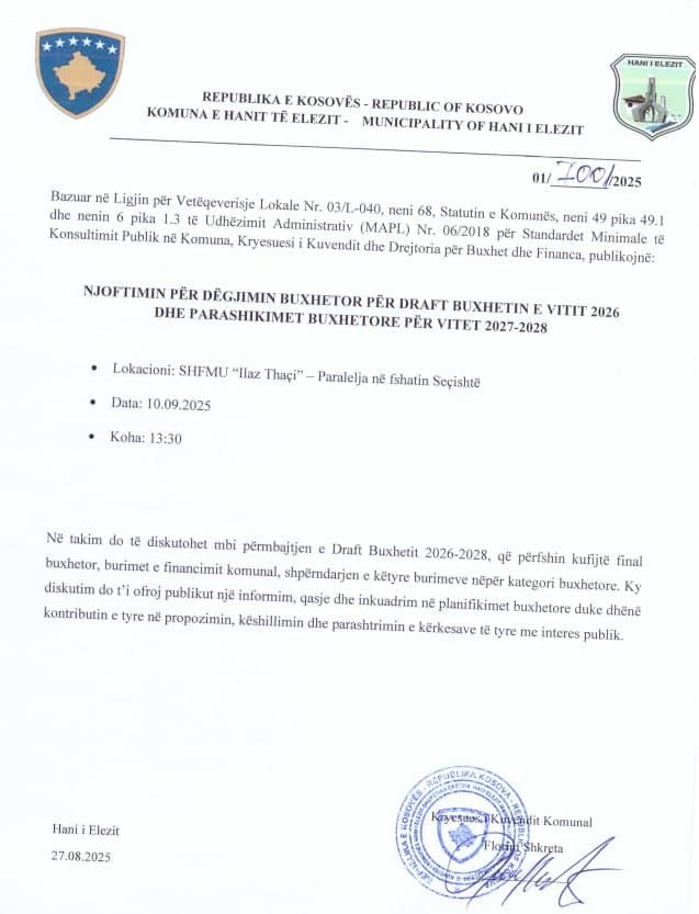 Njoftimi për Dëgjimin Buxhetor për Draft Buxhetin 2026-2028 nga Kuvendi Komunal.