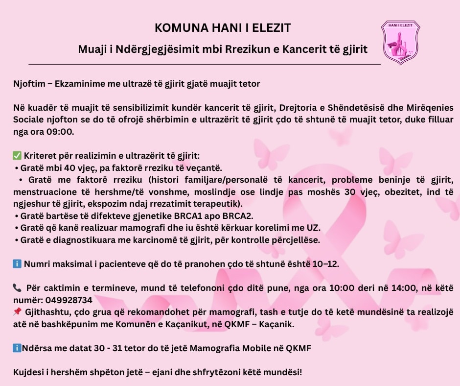 Njoftim – Ekzaminime me ultrazë të gjirit gjatë muajit Tetor.