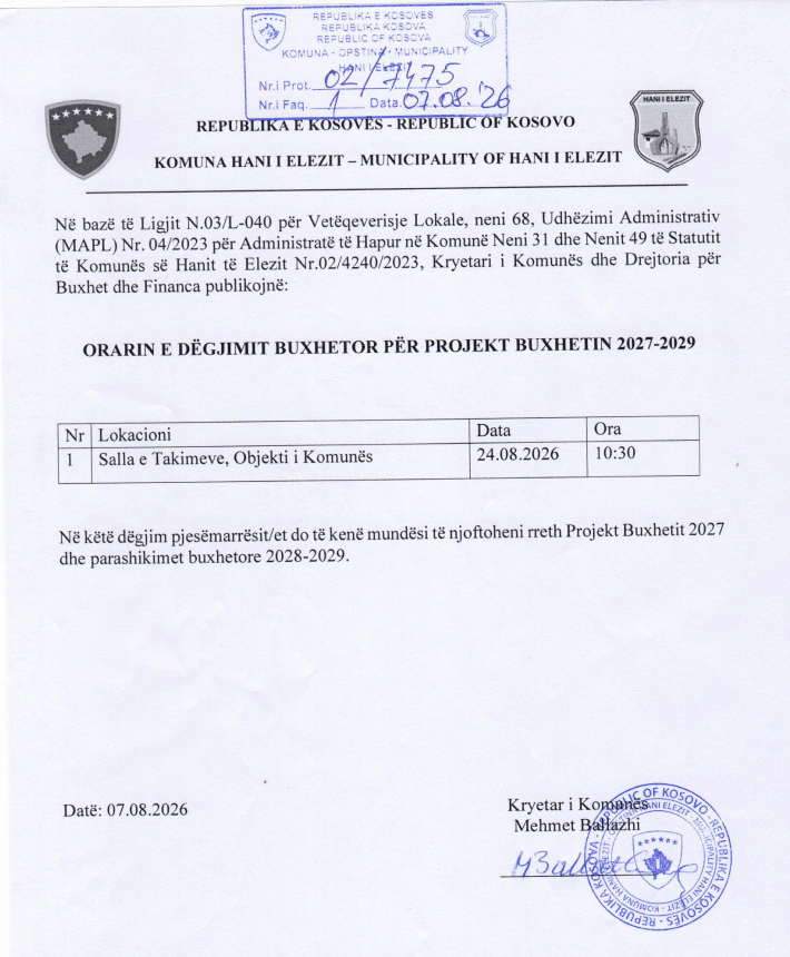NJOFTIM-ORARI I DËGJIMIT BUXHETOR PËR PROJEKT BUXHETIN 2027-2029